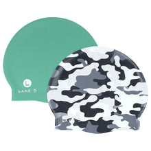 Load image into Gallery viewer, Lane5 Swim - 2-Pack Adult Silicone Swim Cap - Camo Print and Solid Green