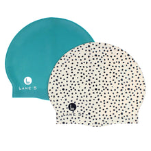 Load image into Gallery viewer, Lane5 Swim - 2-Pack Adult Silicone Swim Cap - Spotted Print and Solid Blue…