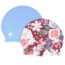 Load image into Gallery viewer, Maroon Floral and Periwinkle Swim Cap
