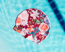 Load image into Gallery viewer, Maroon Floral and Periwinkle Swim Cap
