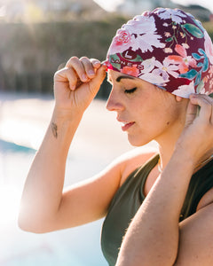 Maroon Floral and Periwinkle Swim Cap