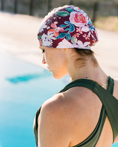 Maroon Floral and Periwinkle Swim Cap