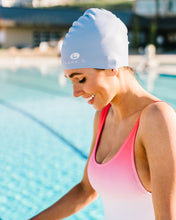 Load image into Gallery viewer, Maroon Floral and Periwinkle Swim Cap
