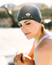 Load image into Gallery viewer, Black Striped and Black Swim Cap
