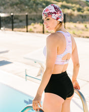 Load image into Gallery viewer, Maroon Floral and Periwinkle Swim Cap
