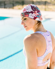 Load image into Gallery viewer, Maroon Floral and Periwinkle Swim Cap
