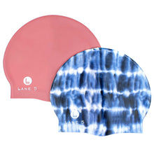 Load image into Gallery viewer, Lane5 Swim - 2-Pack Adult Silicone Swim Cap - Navy Tie-Dye Print and Solid Mauve
